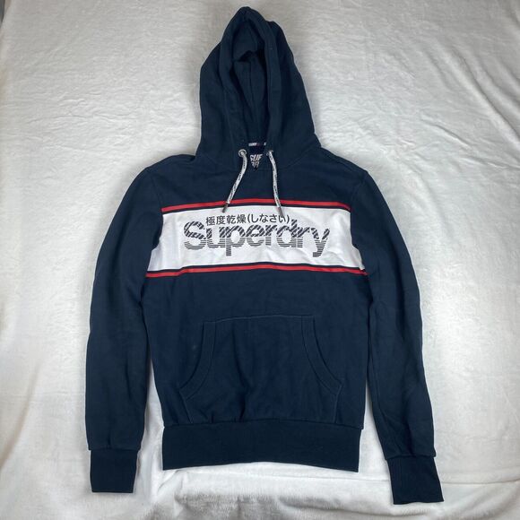 Superdry Hoodie Womens S Navy Ribbed Hem Drawstring Kangaroo Pockets Long Sleeve - Picture 1 of 7